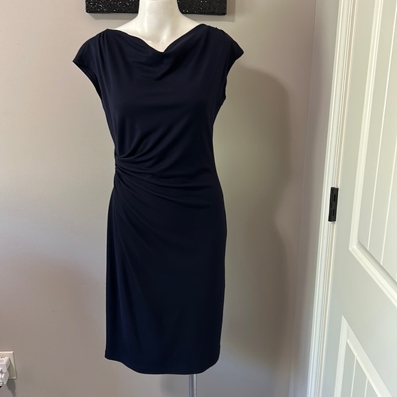 LAFAYETTE 148 Cowl Neck Knee Length Sheath Dress Navy Blue US 6 - Picture 1 of 11